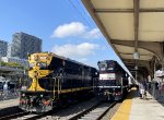 A morning view of the long hoods of both GP40PH-2B # 4210 in the Erie colors and GP40PH-2 # 4101 in the NJDOT "Bluebird" colors